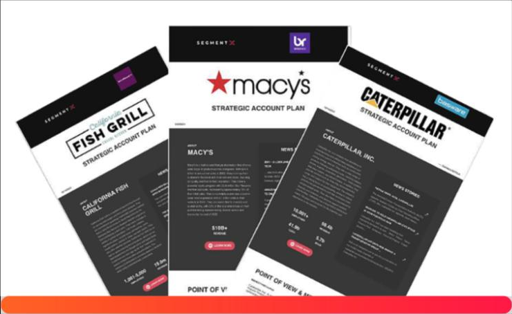 Example strategic account plans for California Fish Grill, Macy's, and Caterpillar
